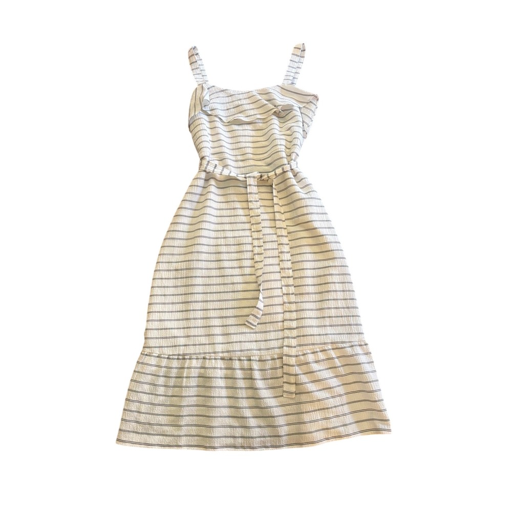Banana Republic Striped Seersucker Midi Dress White Navy Blue Size 8 Preppy